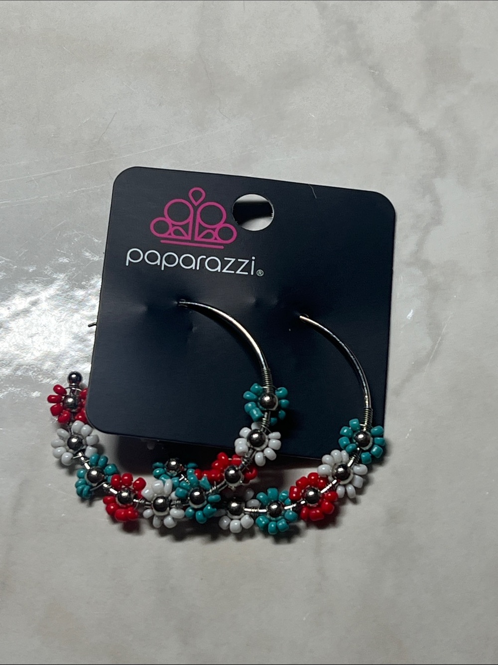 Paparazzi Red White Teal Beaded Floral Hoop Earrings